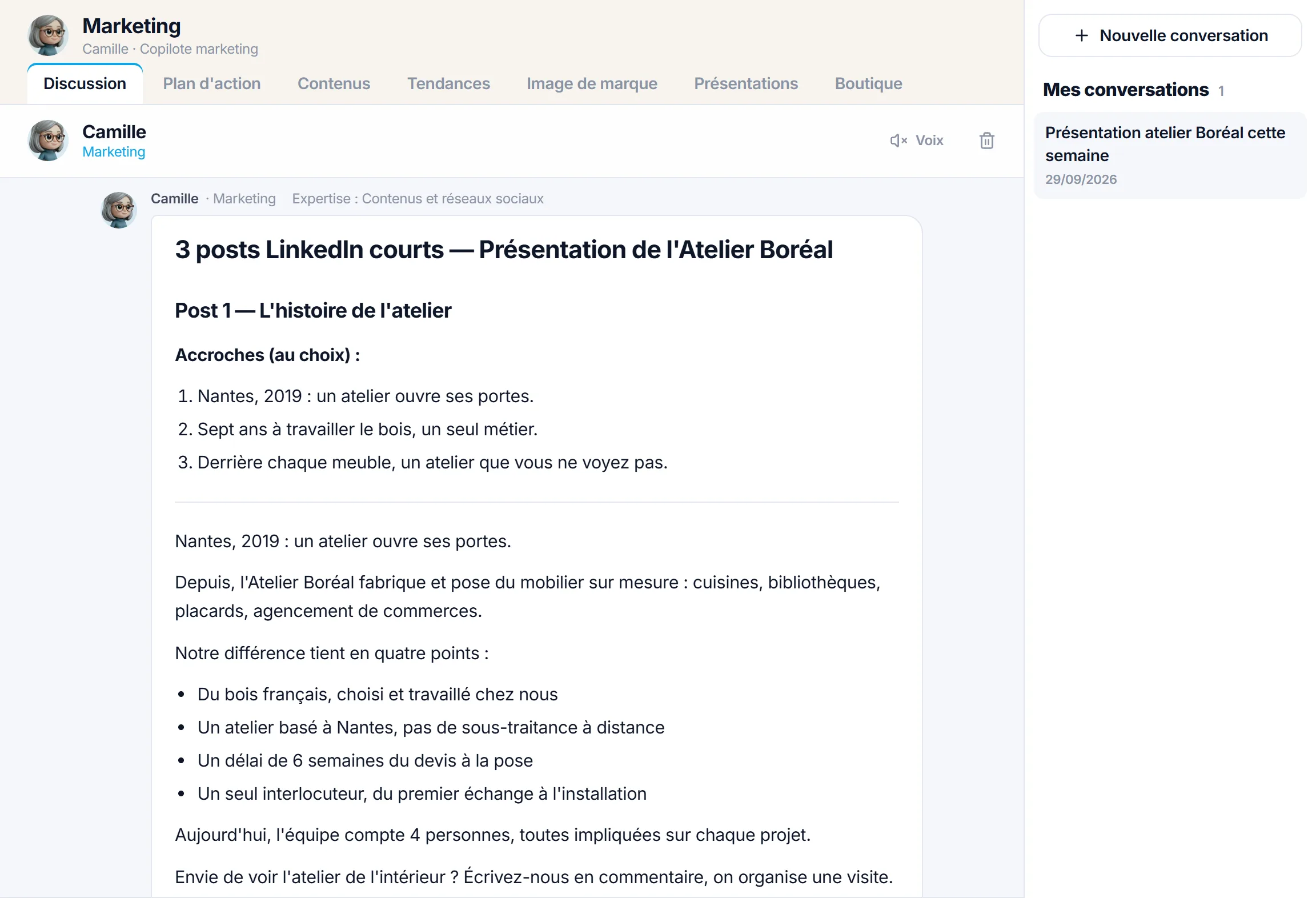 Trois posts LinkedIn écrits par le copilote Marketing