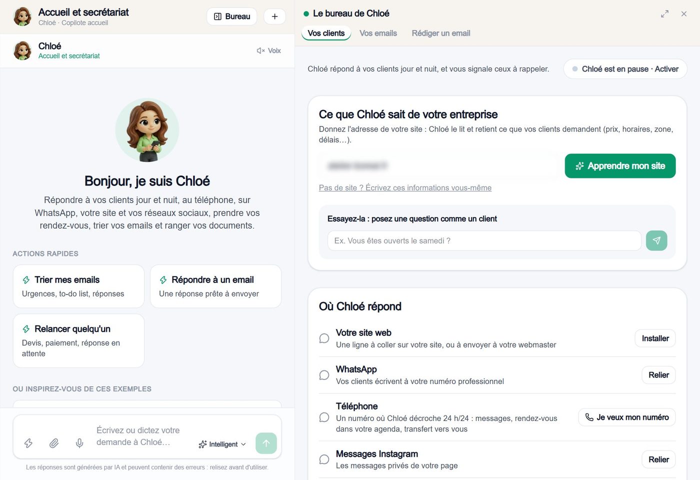 La page de Chloé : sa discussion, ses actions rapides, ses tâches