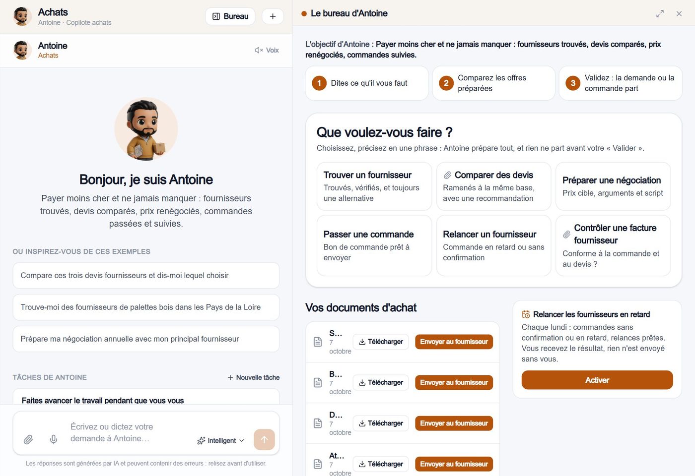 La page de Antoine : sa discussion, ses actions rapides, ses tâches