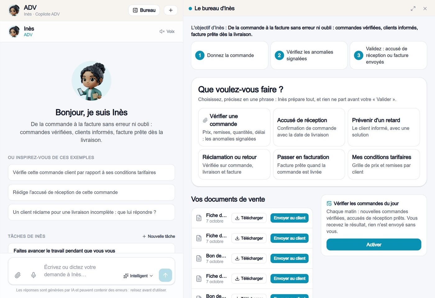 La page de Inès : sa discussion, ses actions rapides, ses tâches