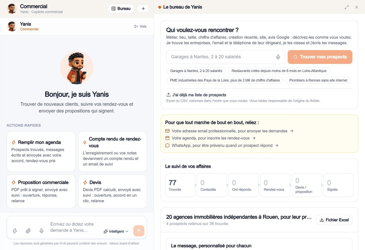 La page de Yanis : sa discussion, ses actions rapides, ses tâches