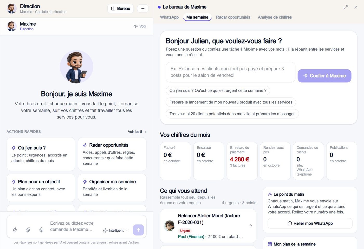 La page de Maxime : sa discussion, ses actions rapides, ses tâches