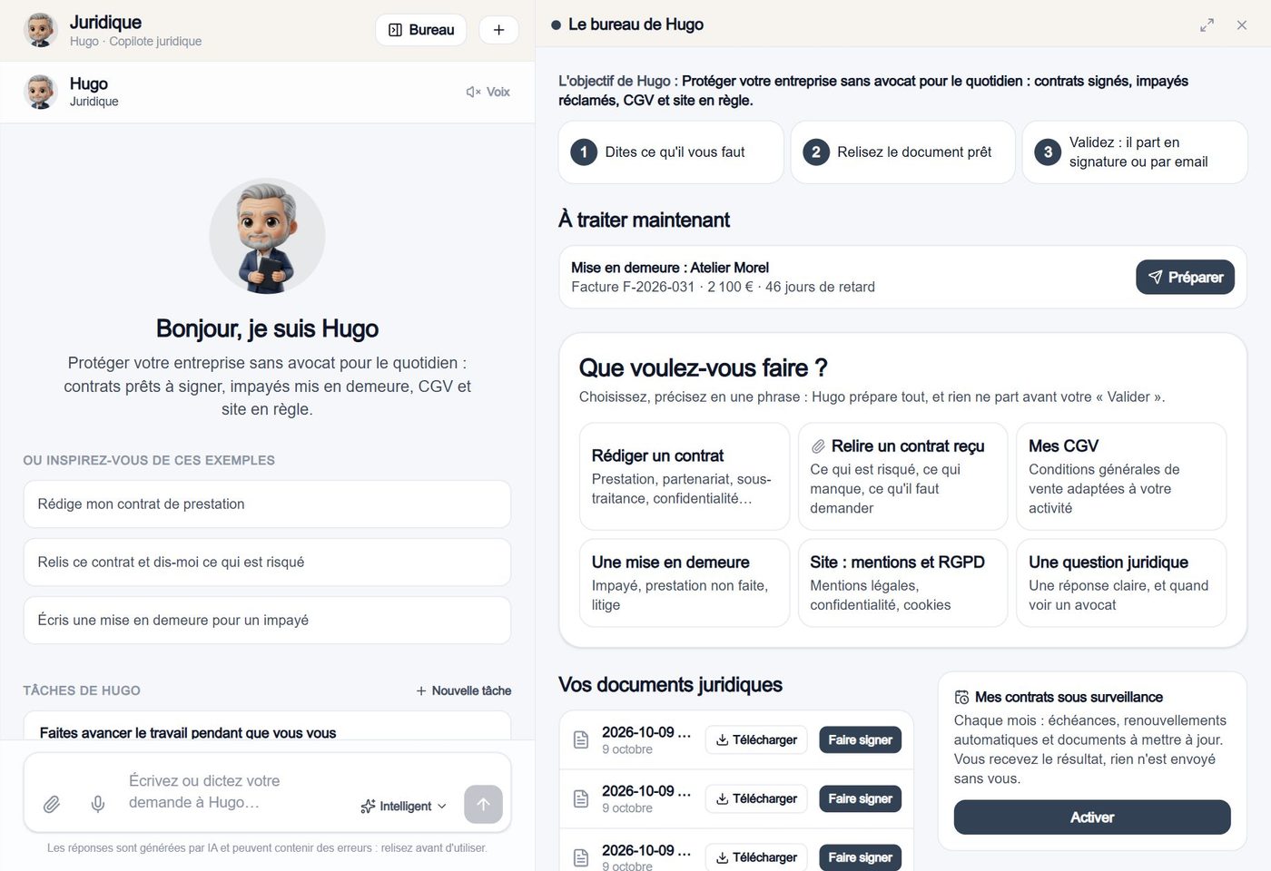 La page de Hugo : sa discussion, ses actions rapides, ses tâches