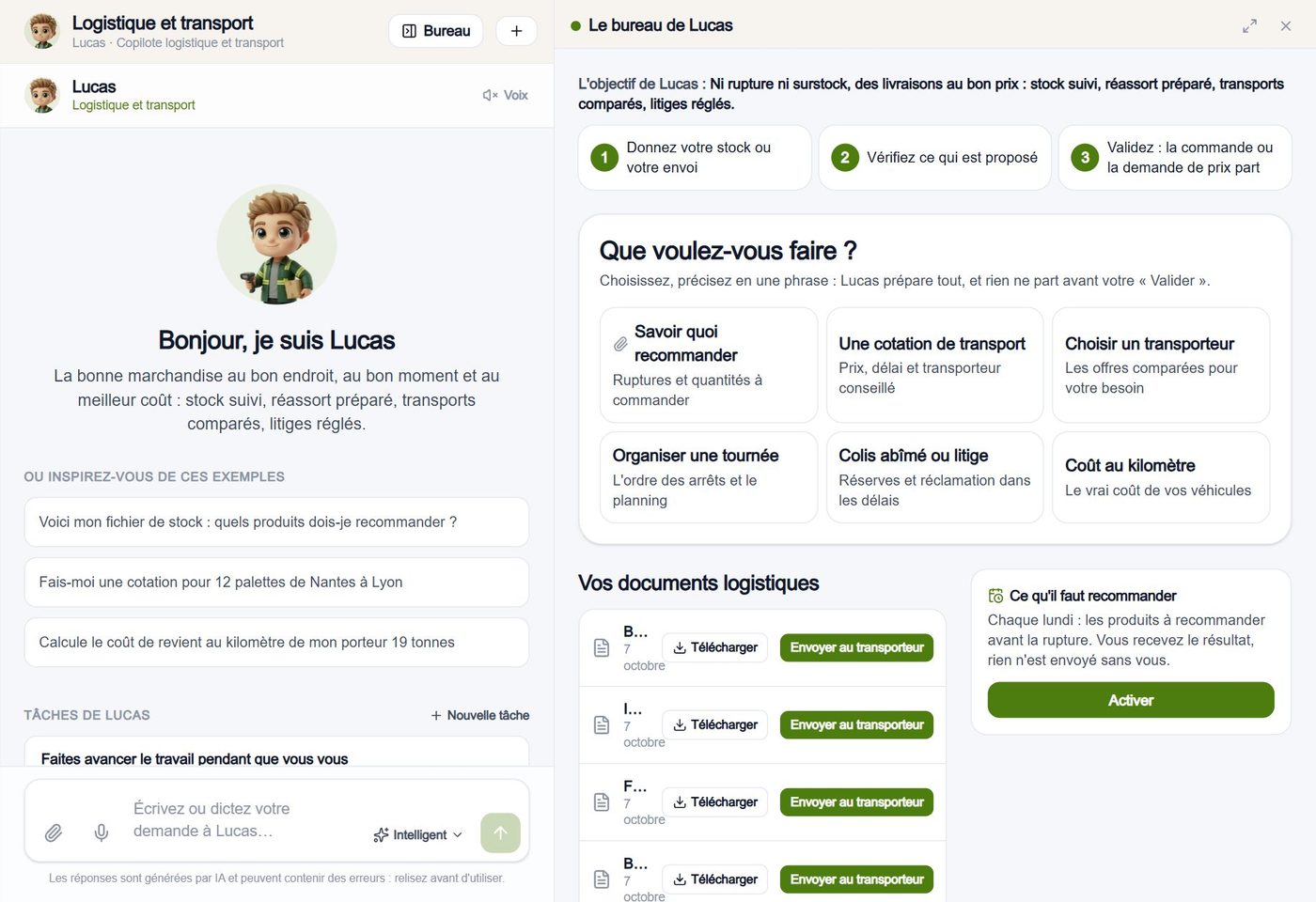 La page de Lucas : sa discussion, ses actions rapides, ses tâches