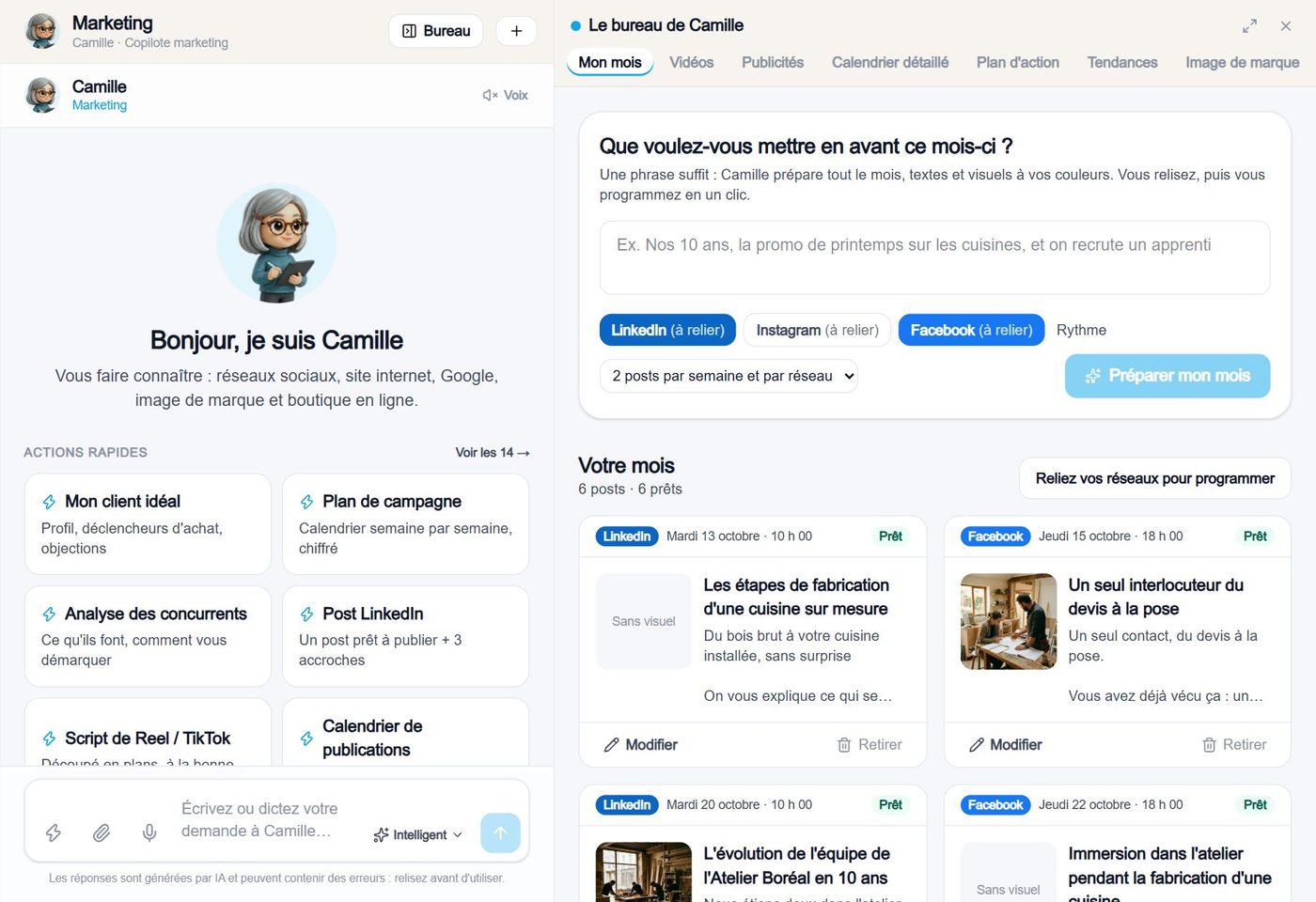 La page de Camille : sa discussion, ses actions rapides, ses tâches