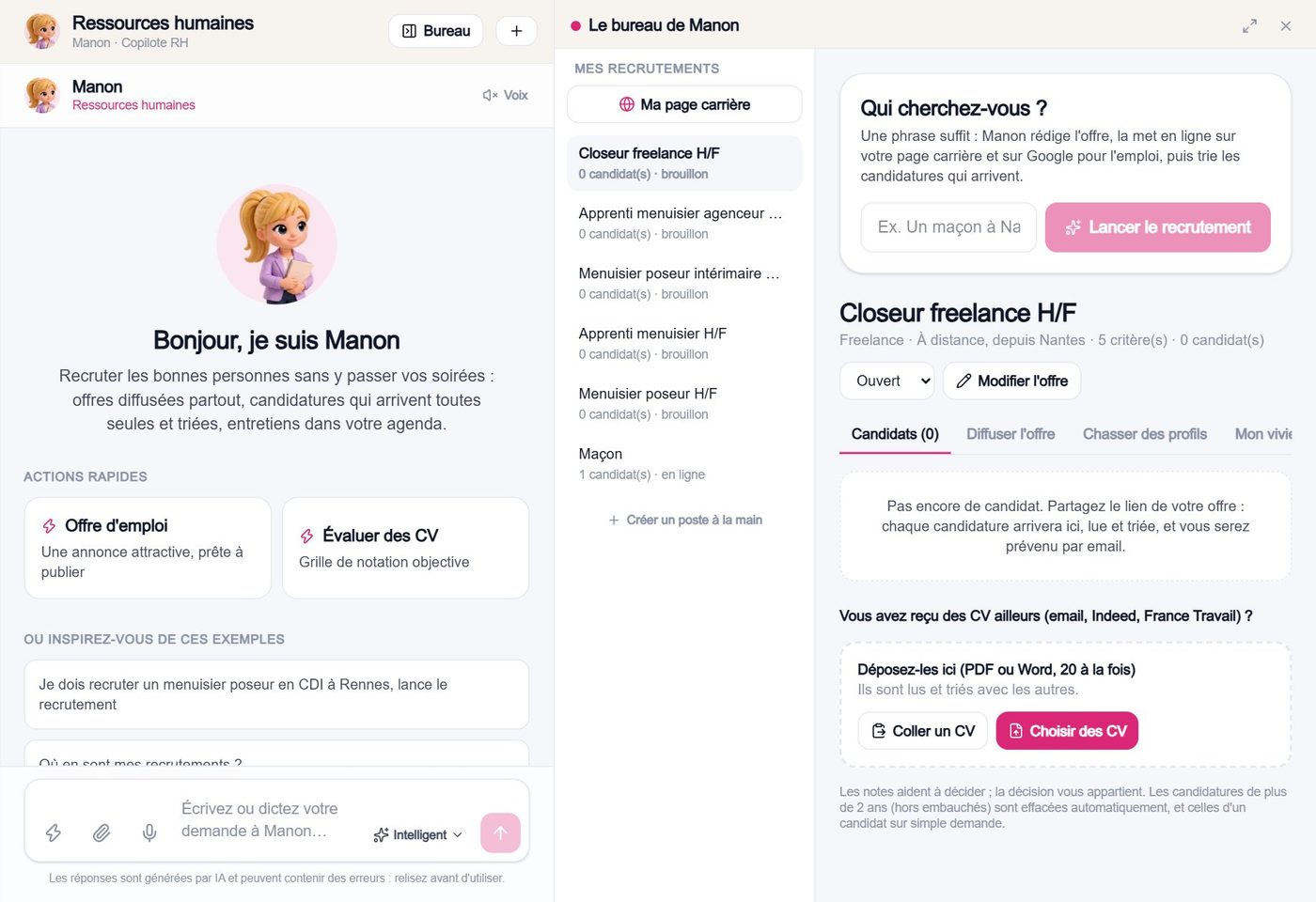 La page de Manon : sa discussion, ses actions rapides, ses tâches